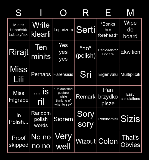 Algebraic Bingoo Bingo Card