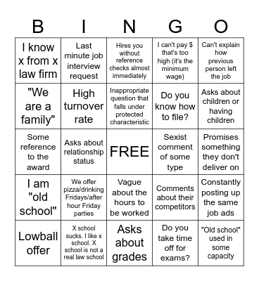 Red Flags for Law Firm Interviews Bingo Card