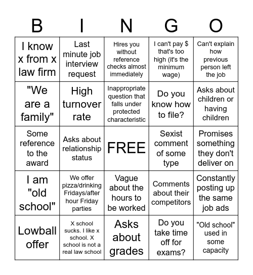 Red Flags for Law Firm Interviews Bingo Card