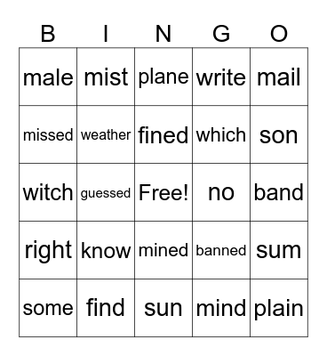 HOMOPHONE BINGO Card
