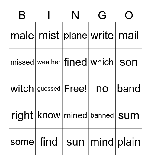 HOMOPHONE BINGO Card