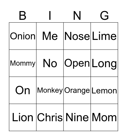 L / M / N / O Bingo Card