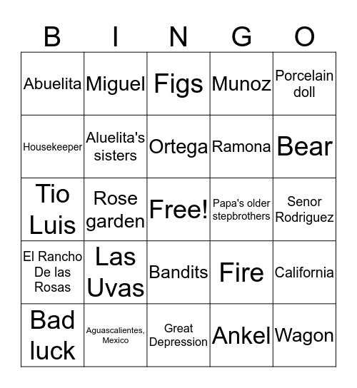 Esperanza Rising  Bingo Card