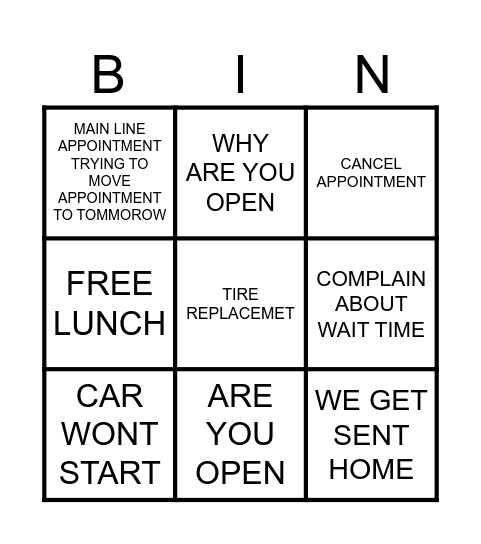 DEALERSHIP SNOW DAY Bingo Card