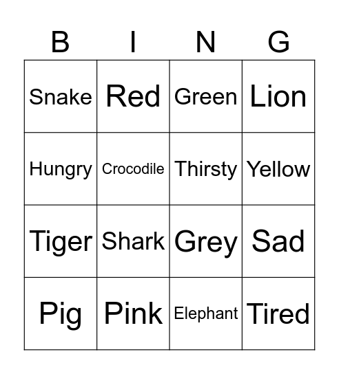 Feelings/Colors/Animals Bingo Card