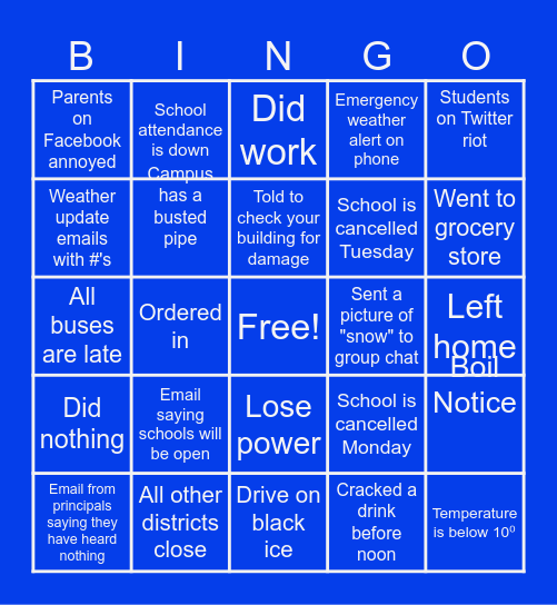 Snow Day 2024 Bingo Card