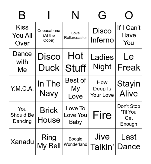 Disco Fever Bingo Card