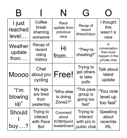 Zwift Bingo Card