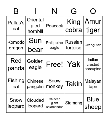 Asian Animals Bingo Card