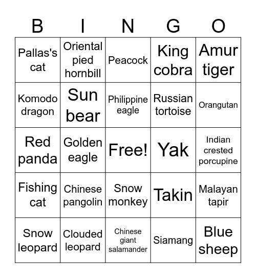 Asian Animals Bingo Card