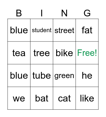 Reading words. Bingo Card