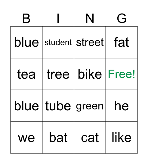 Reading words. Bingo Card