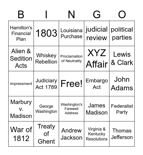 Early Republic Bingo Card