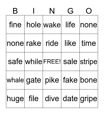 Silent E Bingo Card