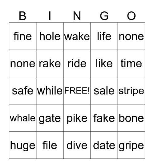 Silent E Bingo Card