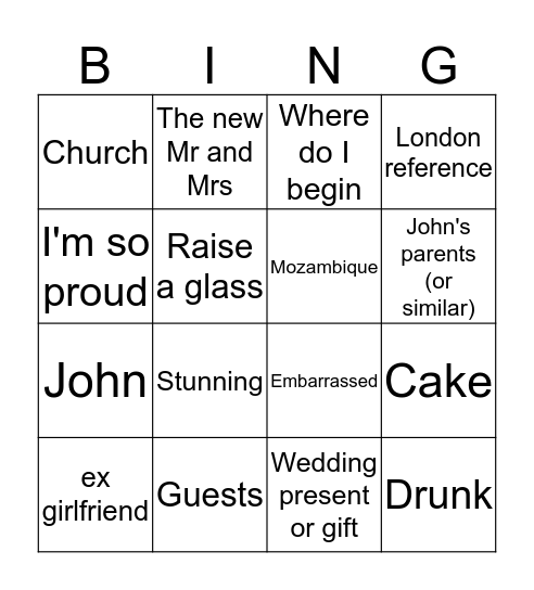 Emily and John Bingo Card
