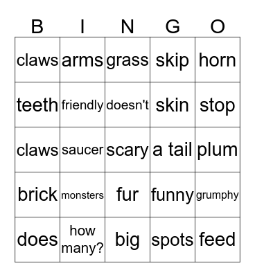 monsters Bingo Card