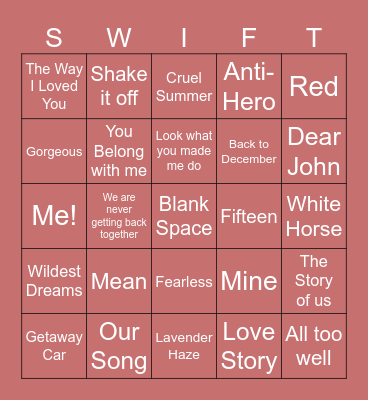 Taylor Swfit Songs Bingo Card