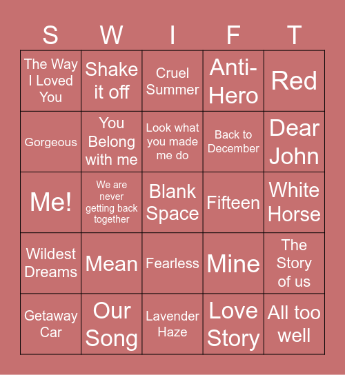 Taylor Swfit Songs Bingo Card