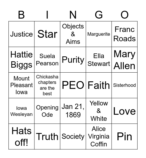 PEO BINGO Card