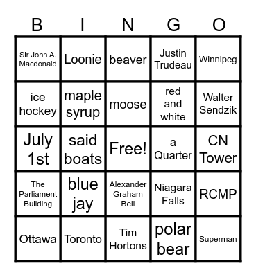 Canada Eh? Bingo Card