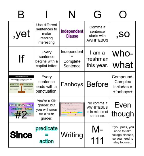 ENGLISH 1 Bingo Card