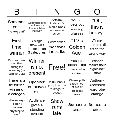 2023 Primetime Emmy Awards-January, 2024 Bingo Card
