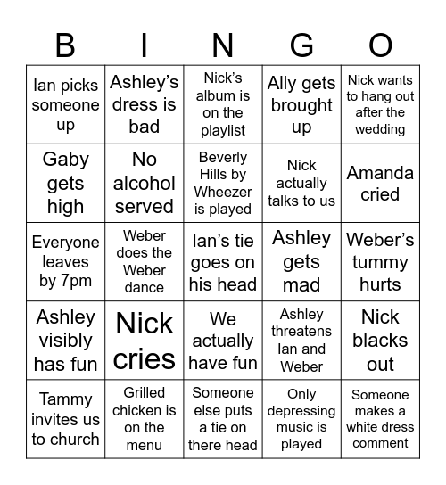 Nick & Ashley Wedding Bingo Card