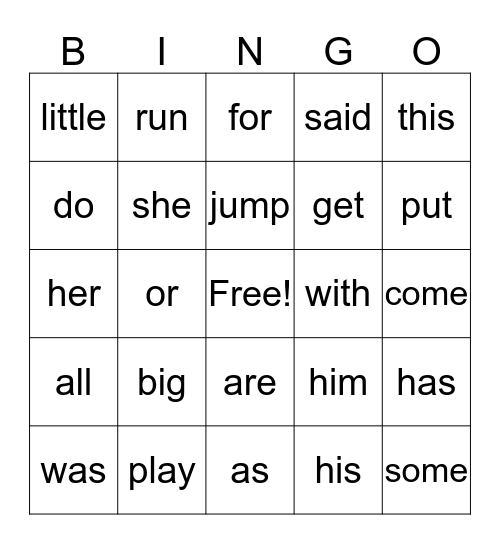 Sight Words Bingo Card