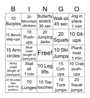 Fitness Bingo Card