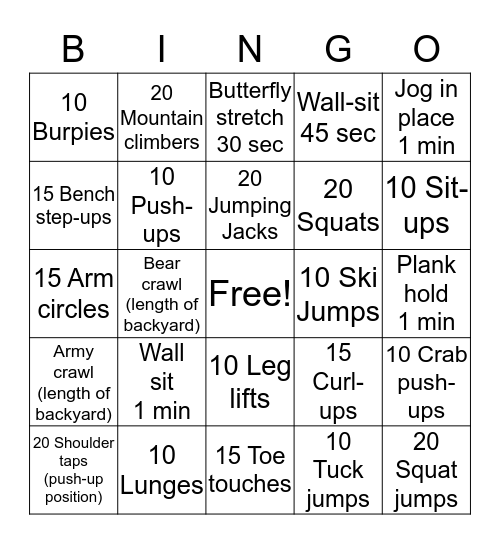 Fitness Bingo Card