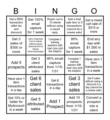 January 15th-31st Bingo Card