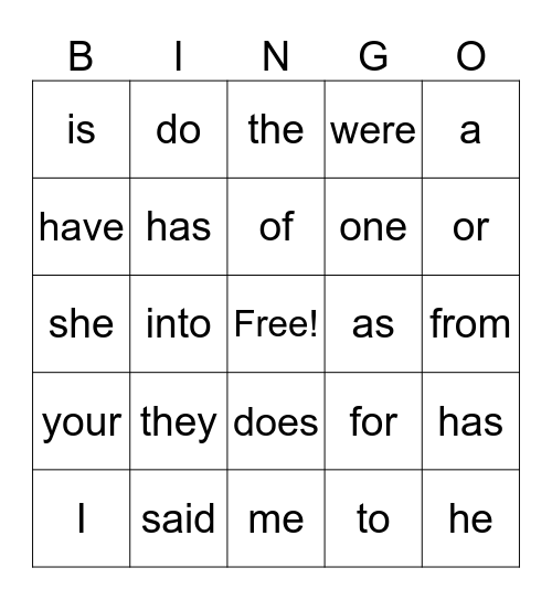 Findley Trick Words Bingo Card
