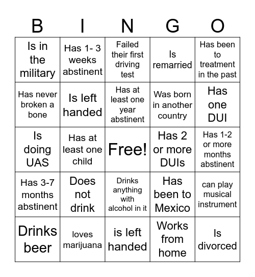 DUI Bingo Card