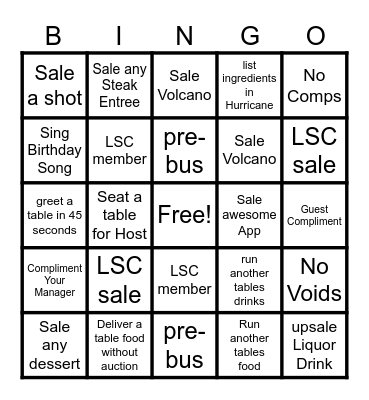 Restaurant  Bingo Card