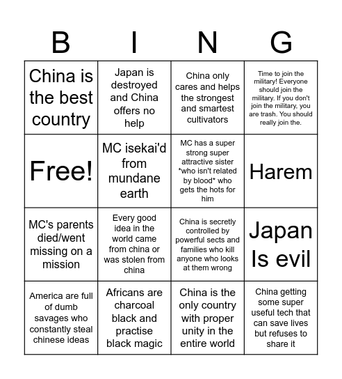 Modern World Xianxia Bingo Card