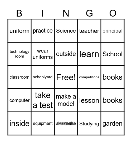 School Words Bingo Card