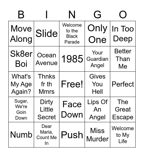 Emo Pop Bingo Card