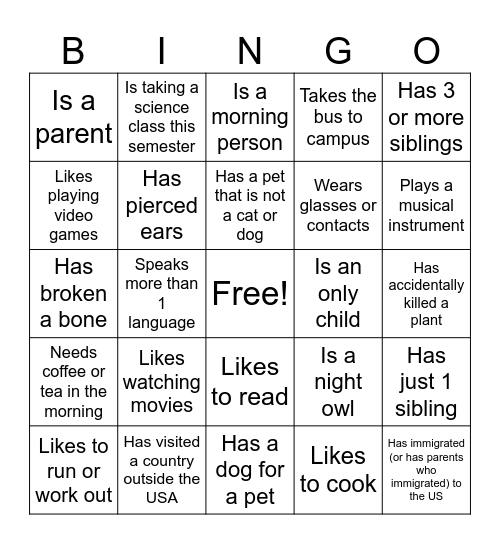 Class Introductions Bingo Card