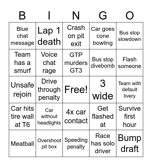 Arctic Sim Racing - Daytona 24h Bingo Card