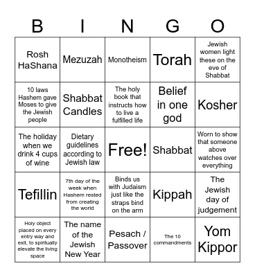 Jewish Bingo Card