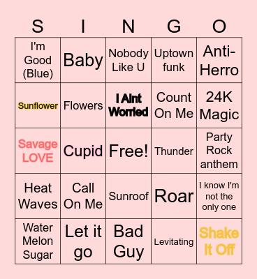 GUESS THE SONG BINGO Card