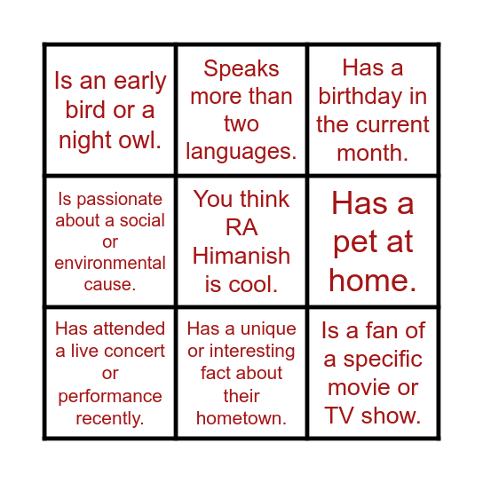 Mingle Bingo Card