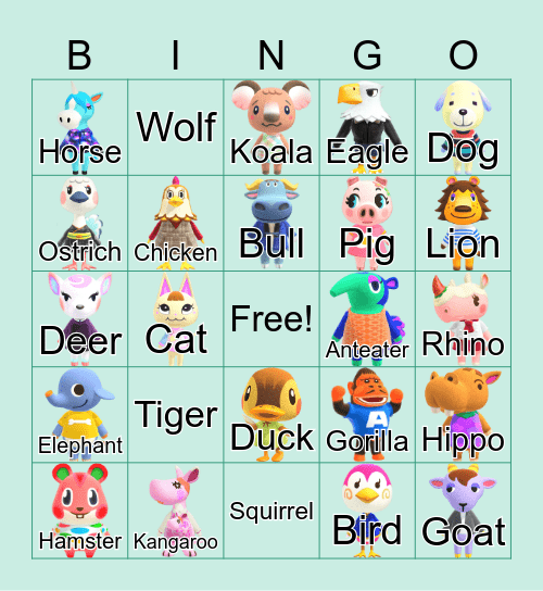 Animal Crossing Species Bingo Card