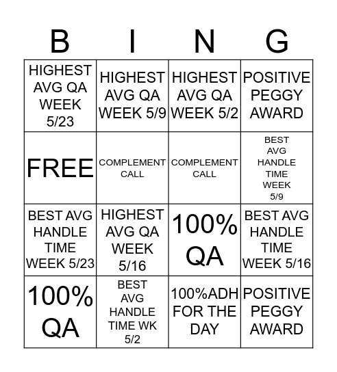MAY TEAM 8 COMPETITION  Bingo Card