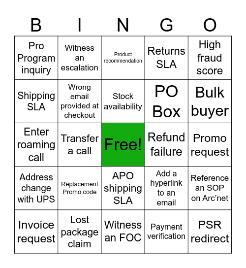 Shadowing Bingo Card