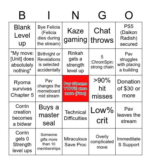 YTPFE Stream 1 Bingo Card