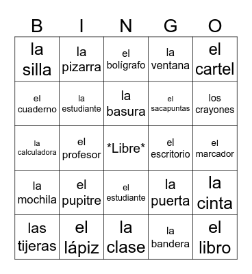 Spanish Classroom Objects Bingo Card