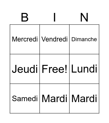 les jours de la semaine Bingo Card