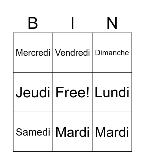 les jours de la semaine Bingo Card